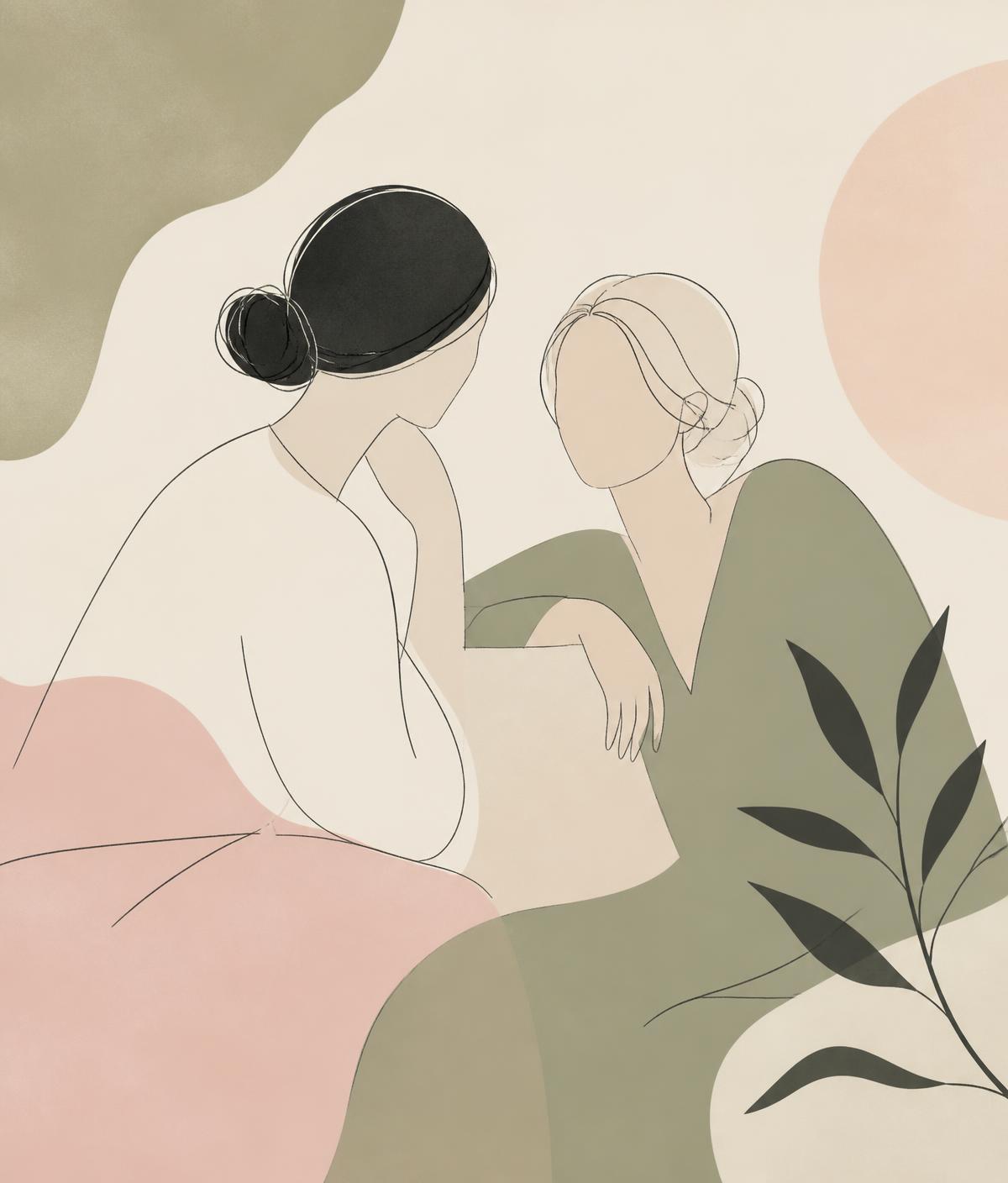Two women sitting together in quiet conversation
